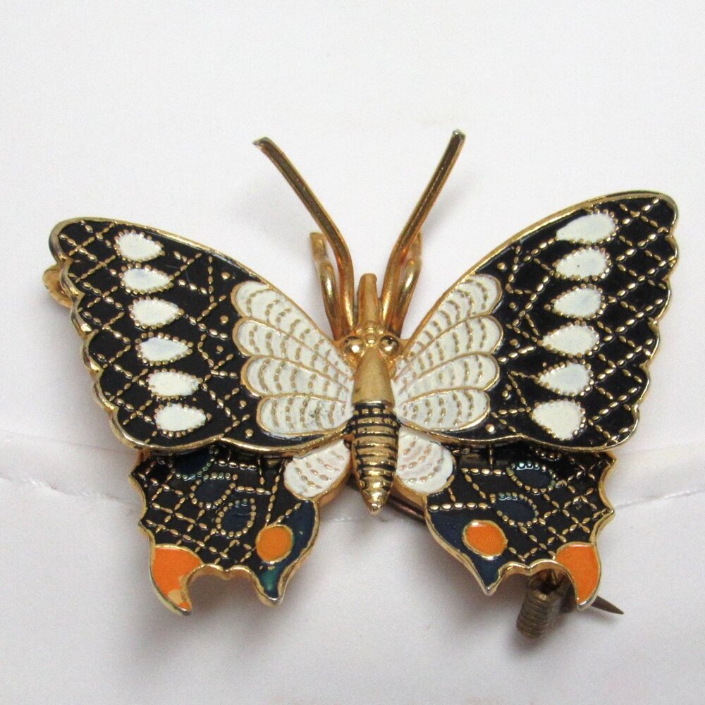 Pretty Vintage SPAIN DAMASCENE Enamel BUTTERFLY Pin Brooch Spanish